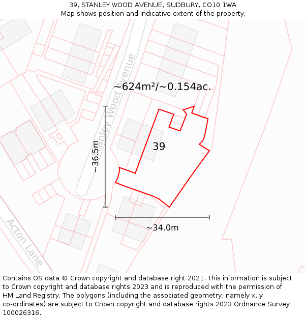 39, STANLEY WOOD AVENUE, SUDBURY, CO10 1WA: Plot and title map