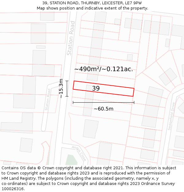 39, STATION ROAD, THURNBY, LEICESTER, LE7 9PW: Plot and title map