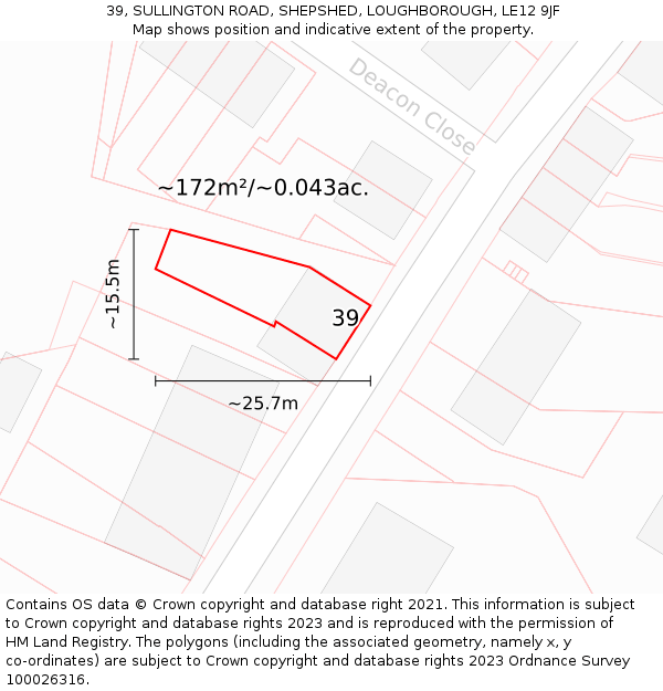 39, SULLINGTON ROAD, SHEPSHED, LOUGHBOROUGH, LE12 9JF: Plot and title map