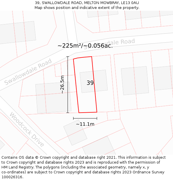 39, SWALLOWDALE ROAD, MELTON MOWBRAY, LE13 0AU: Plot and title map