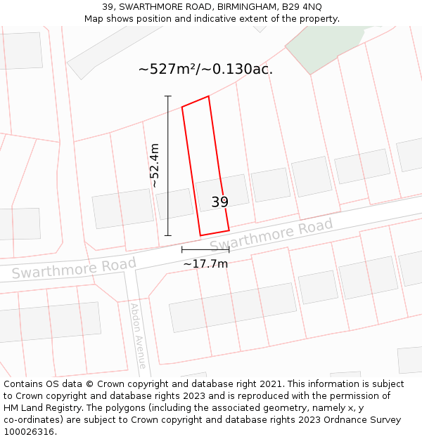 39, SWARTHMORE ROAD, BIRMINGHAM, B29 4NQ: Plot and title map