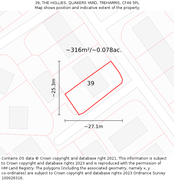 39, THE HOLLIES, QUAKERS YARD, TREHARRIS, CF46 5PL: Plot and title map