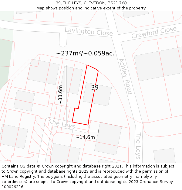 39, THE LEYS, CLEVEDON, BS21 7YQ: Plot and title map