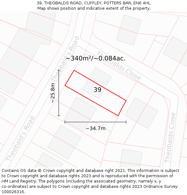 39, THEOBALDS ROAD, CUFFLEY, POTTERS BAR, EN6 4HL: Plot and title map