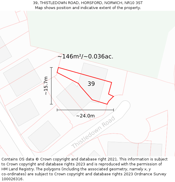 39, THISTLEDOWN ROAD, HORSFORD, NORWICH, NR10 3ST: Plot and title map