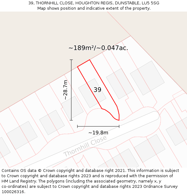 39, THORNHILL CLOSE, HOUGHTON REGIS, DUNSTABLE, LU5 5SG: Plot and title map