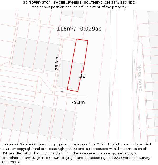 39, TORRINGTON, SHOEBURYNESS, SOUTHEND-ON-SEA, SS3 8DD: Plot and title map