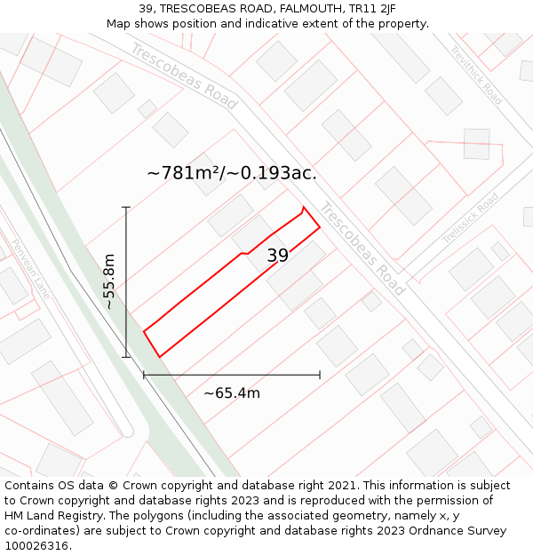 39, TRESCOBEAS ROAD, FALMOUTH, TR11 2JF: Plot and title map