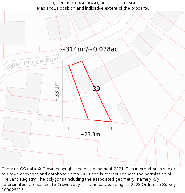 39, UPPER BRIDGE ROAD, REDHILL, RH1 6DE: Plot and title map