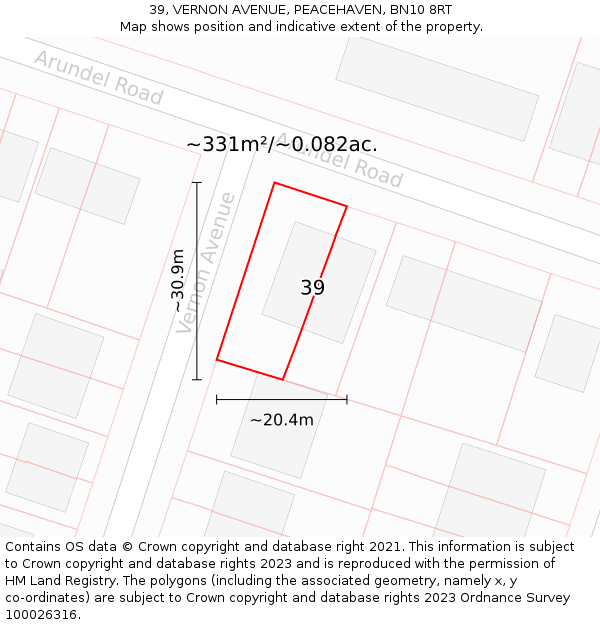 39, VERNON AVENUE, PEACEHAVEN, BN10 8RT: Plot and title map