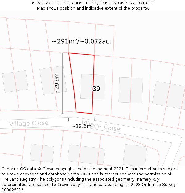 39, VILLAGE CLOSE, KIRBY CROSS, FRINTON-ON-SEA, CO13 0PF: Plot and title map