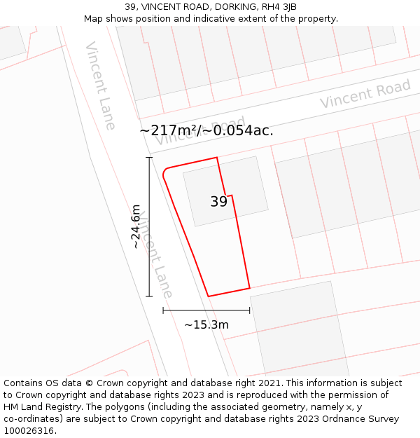 39, VINCENT ROAD, DORKING, RH4 3JB: Plot and title map