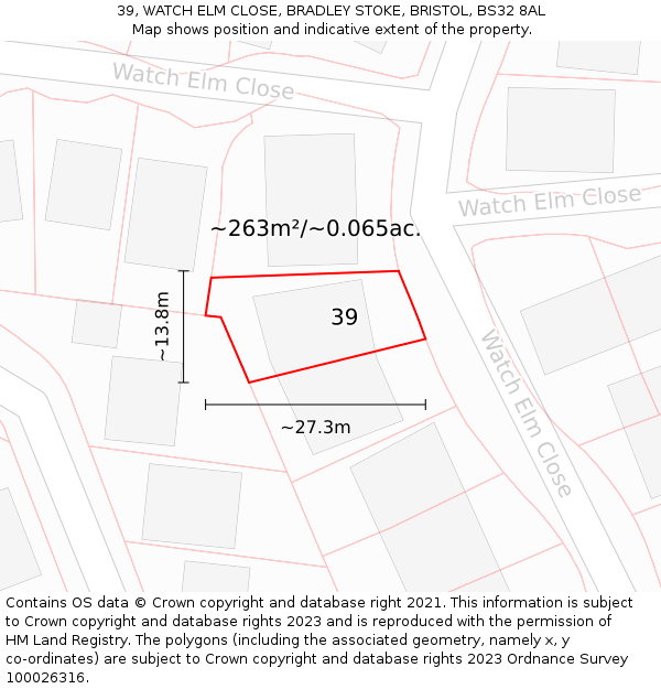 39, WATCH ELM CLOSE, BRADLEY STOKE, BRISTOL, BS32 8AL: Plot and title map
