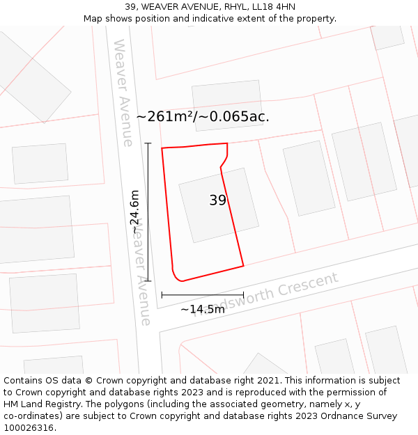 39, WEAVER AVENUE, RHYL, LL18 4HN: Plot and title map