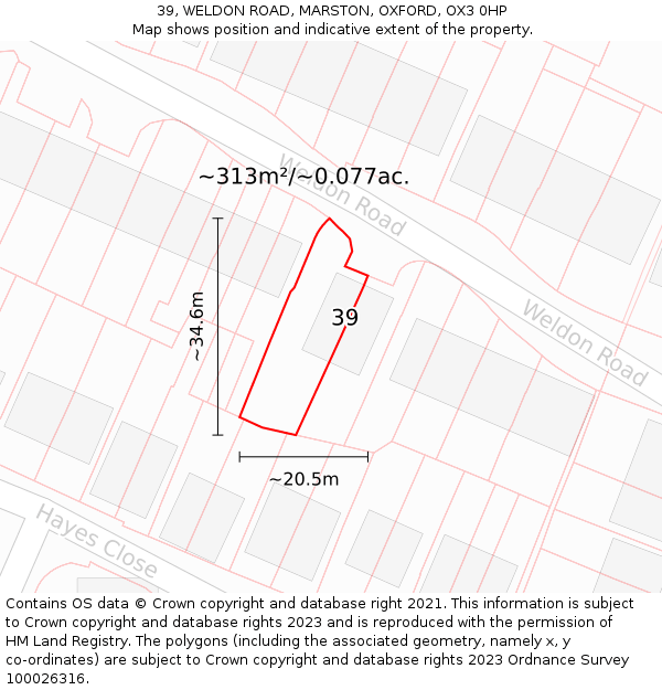 39, WELDON ROAD, MARSTON, OXFORD, OX3 0HP: Plot and title map