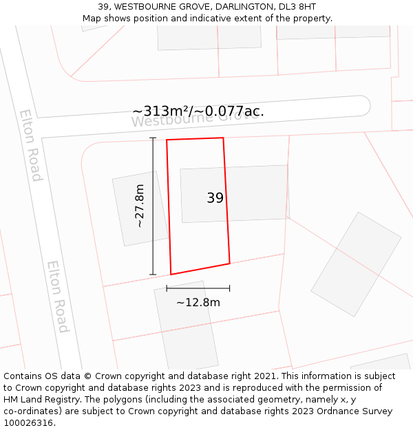 39, WESTBOURNE GROVE, DARLINGTON, DL3 8HT: Plot and title map