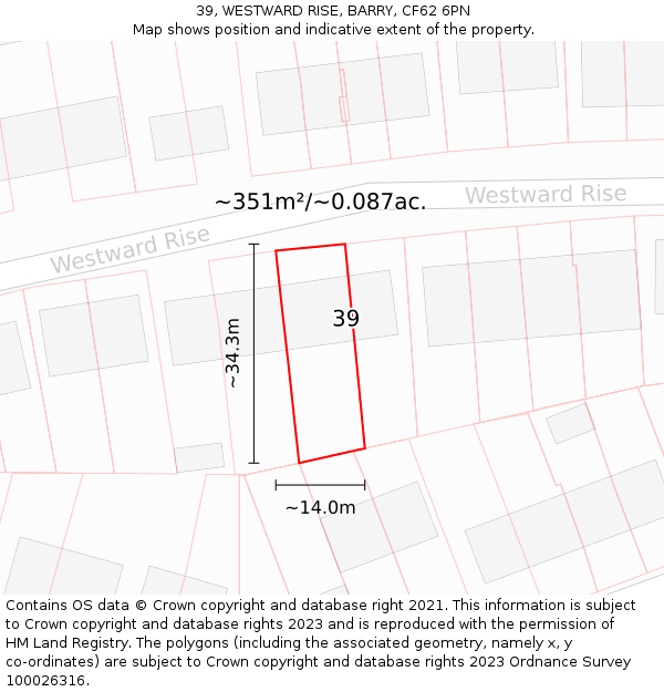 39, WESTWARD RISE, BARRY, CF62 6PN: Plot and title map