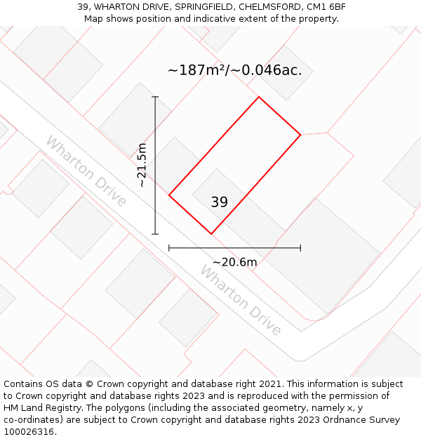 39, WHARTON DRIVE, SPRINGFIELD, CHELMSFORD, CM1 6BF: Plot and title map