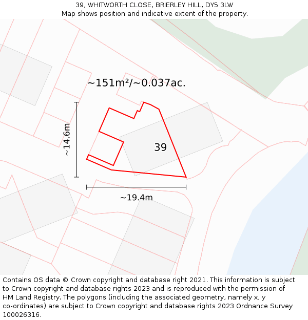 39, WHITWORTH CLOSE, BRIERLEY HILL, DY5 3LW: Plot and title map