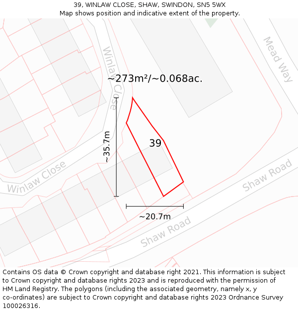 39, WINLAW CLOSE, SHAW, SWINDON, SN5 5WX: Plot and title map