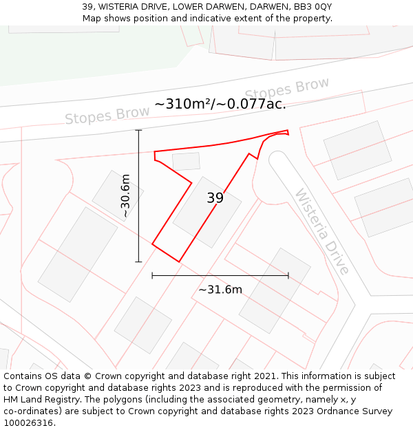 39, WISTERIA DRIVE, LOWER DARWEN, DARWEN, BB3 0QY: Plot and title map