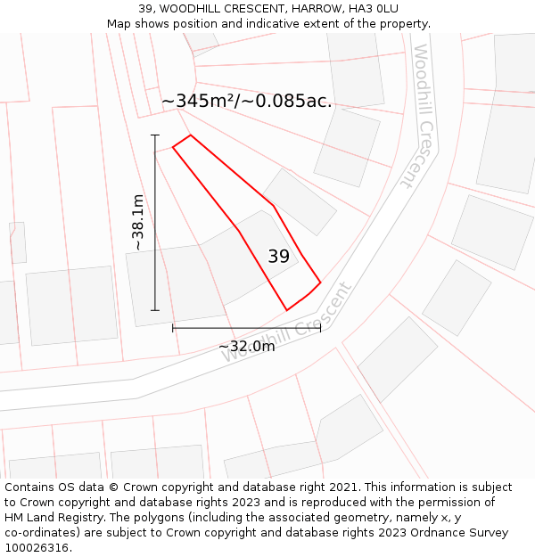 39, WOODHILL CRESCENT, HARROW, HA3 0LU: Plot and title map