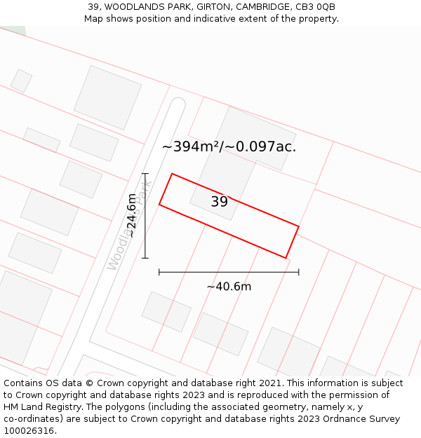 39, WOODLANDS PARK, GIRTON, CAMBRIDGE, CB3 0QB: Plot and title map