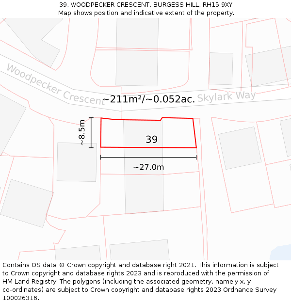 39, WOODPECKER CRESCENT, BURGESS HILL, RH15 9XY: Plot and title map