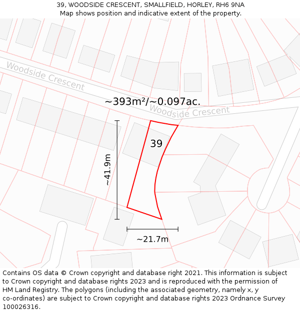 39, WOODSIDE CRESCENT, SMALLFIELD, HORLEY, RH6 9NA: Plot and title map