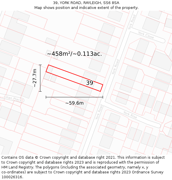 39, YORK ROAD, RAYLEIGH, SS6 8SA: Plot and title map