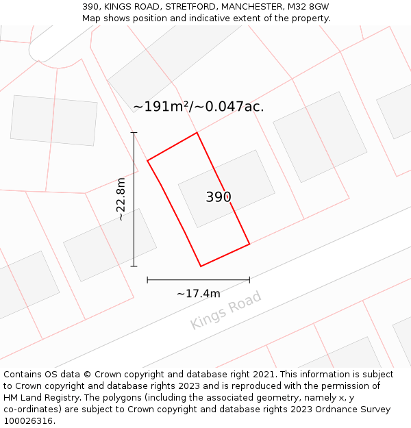 390, KINGS ROAD, STRETFORD, MANCHESTER, M32 8GW: Plot and title map