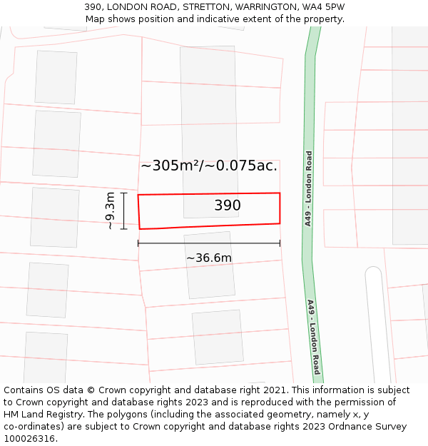 390, LONDON ROAD, STRETTON, WARRINGTON, WA4 5PW: Plot and title map