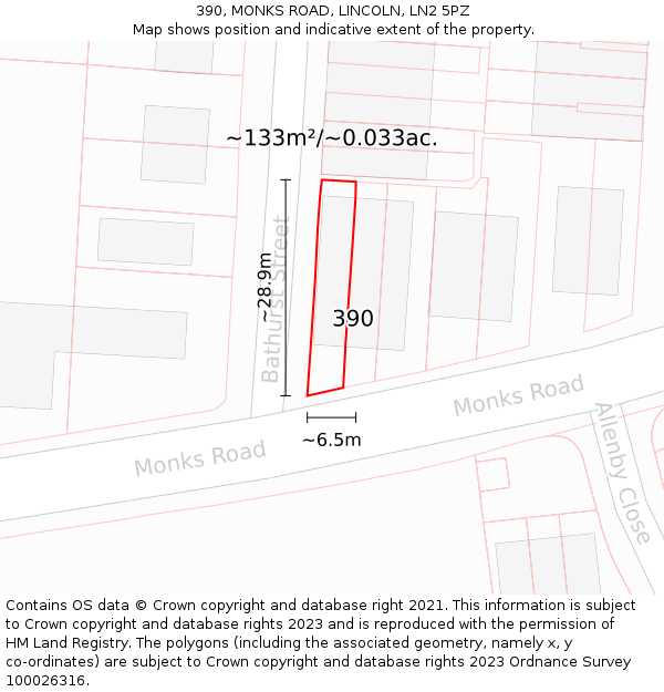 390, MONKS ROAD, LINCOLN, LN2 5PZ: Plot and title map