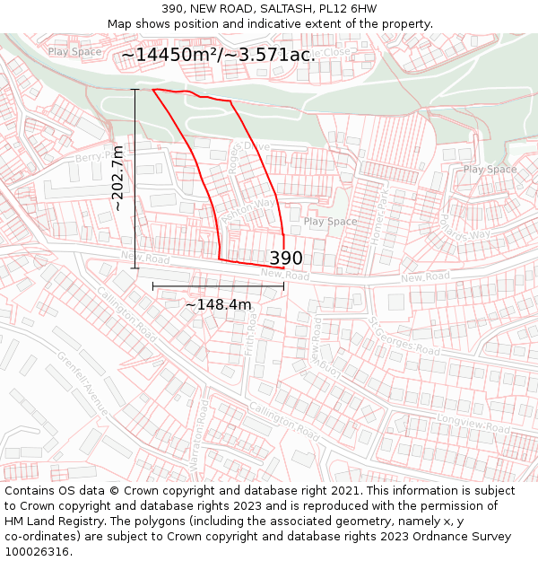 390, NEW ROAD, SALTASH, PL12 6HW: Plot and title map