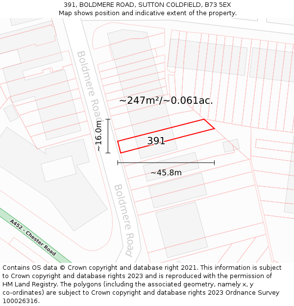 391, BOLDMERE ROAD, SUTTON COLDFIELD, B73 5EX: Plot and title map