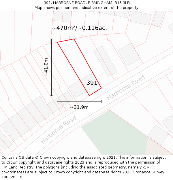 391, HARBORNE ROAD, BIRMINGHAM, B15 3LB: Plot and title map