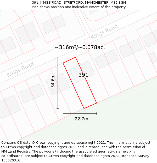 391, KINGS ROAD, STRETFORD, MANCHESTER, M32 8GN: Plot and title map