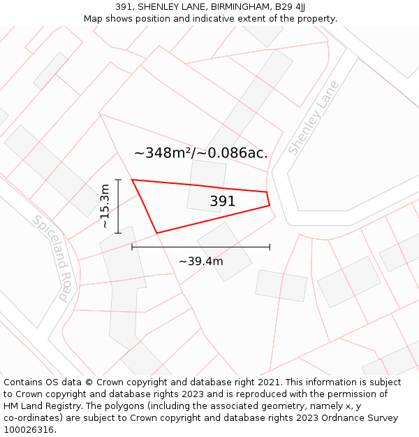 391, SHENLEY LANE, BIRMINGHAM, B29 4JJ: Plot and title map