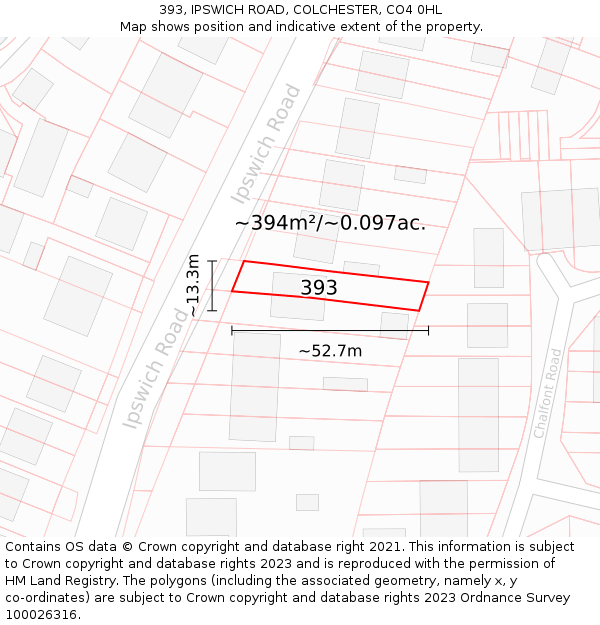 393, IPSWICH ROAD, COLCHESTER, CO4 0HL: Plot and title map