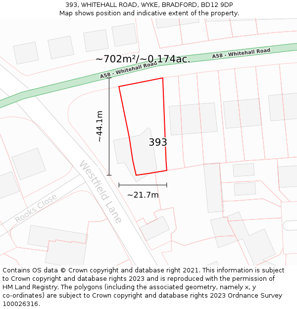 393, WHITEHALL ROAD, WYKE, BRADFORD, BD12 9DP: Plot and title map