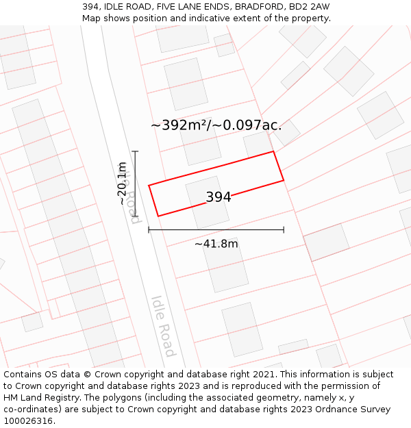 394, IDLE ROAD, FIVE LANE ENDS, BRADFORD, BD2 2AW: Plot and title map