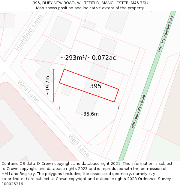 395, BURY NEW ROAD, WHITEFIELD, MANCHESTER, M45 7SU: Plot and title map