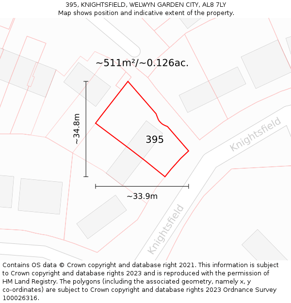 395, KNIGHTSFIELD, WELWYN GARDEN CITY, AL8 7LY: Plot and title map