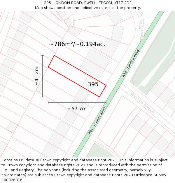 395, LONDON ROAD, EWELL, EPSOM, KT17 2DF: Plot and title map