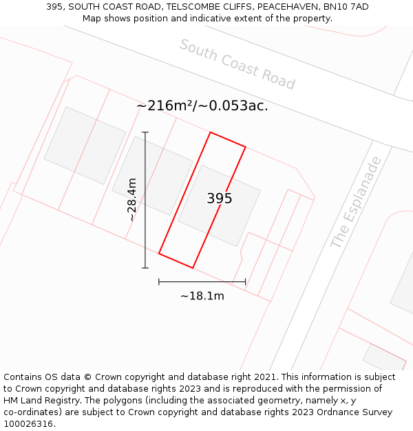 395, SOUTH COAST ROAD, TELSCOMBE CLIFFS, PEACEHAVEN, BN10 7AD: Plot and title map