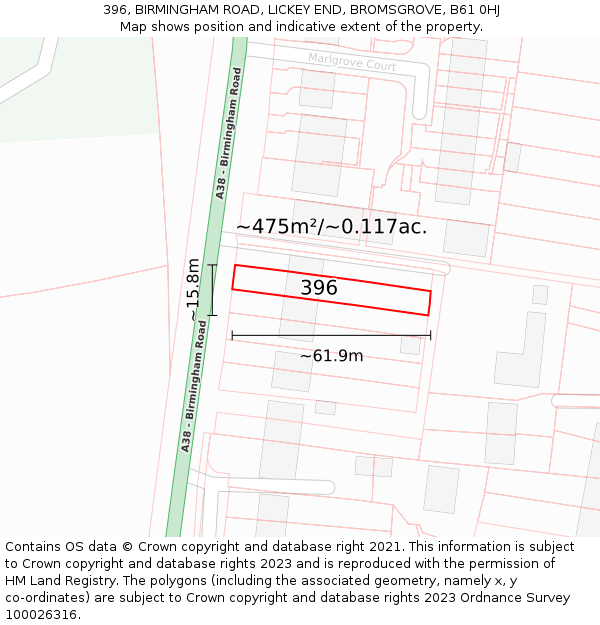 396, BIRMINGHAM ROAD, LICKEY END, BROMSGROVE, B61 0HJ: Plot and title map