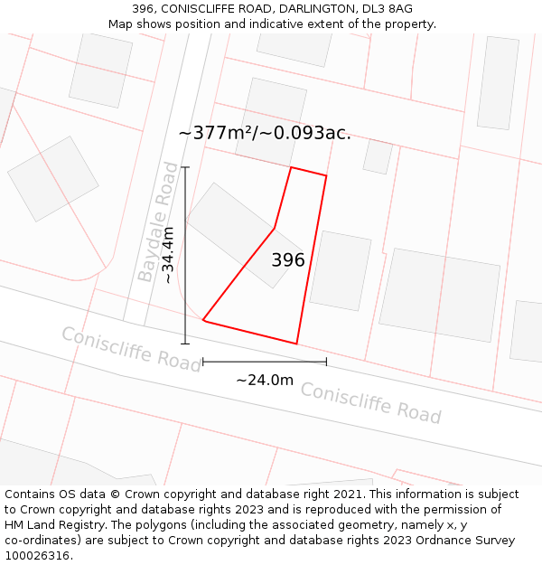 396, CONISCLIFFE ROAD, DARLINGTON, DL3 8AG: Plot and title map