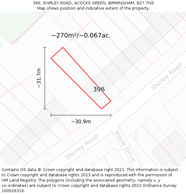 396, SHIRLEY ROAD, ACOCKS GREEN, BIRMINGHAM, B27 7NS: Plot and title map