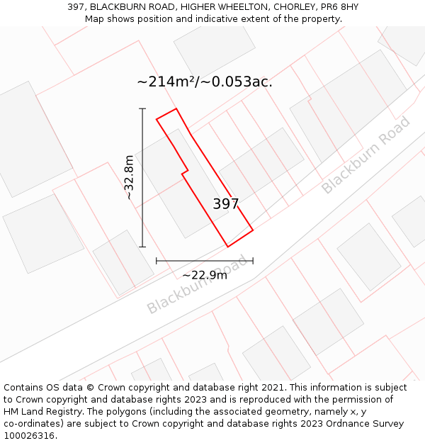 397, BLACKBURN ROAD, HIGHER WHEELTON, CHORLEY, PR6 8HY: Plot and title map