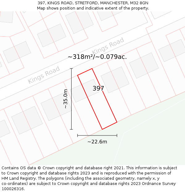 397, KINGS ROAD, STRETFORD, MANCHESTER, M32 8GN: Plot and title map